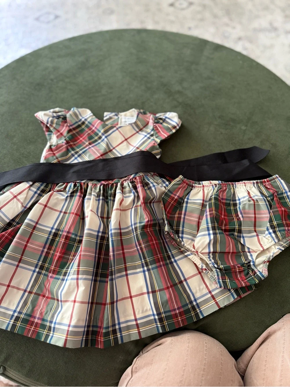 Ralph Lauren Cream Plaid Holiday Dress with Black Sash and bloomers 9M